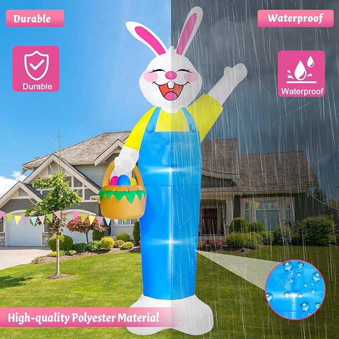 MICOCAH 12Ft Tall Giant Easter Inflatables Outdoor Decorations Lighted Inflatable Bunny Holds Easter Eggs Basket, Built in LEDs Rabbit Blow Up Yard Decor for Outside Lawn Garden Spring Holiday Party