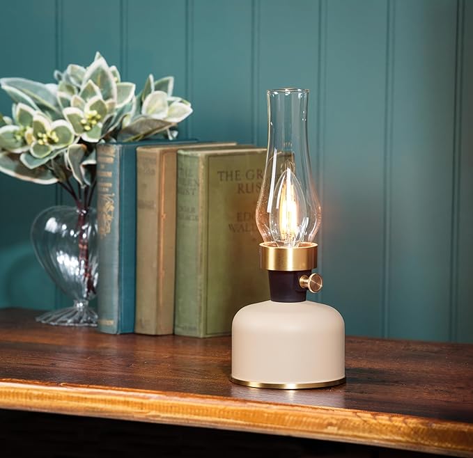 Abbott Collection Lantern LED Lamp with Chimney, Portable Table Light - Metal/Glass, Ivory (10.5" H)