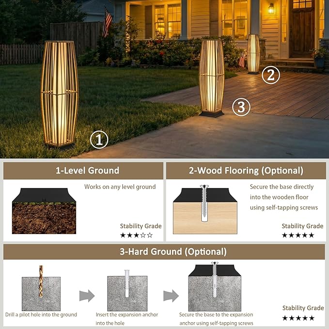 Rattan Outdoor Floor Lamp Set of 2, Boho Solar Porch Lights Outdoor Waterproof for Patio, Garden, Balcony & Deck, Natural (Vertical)