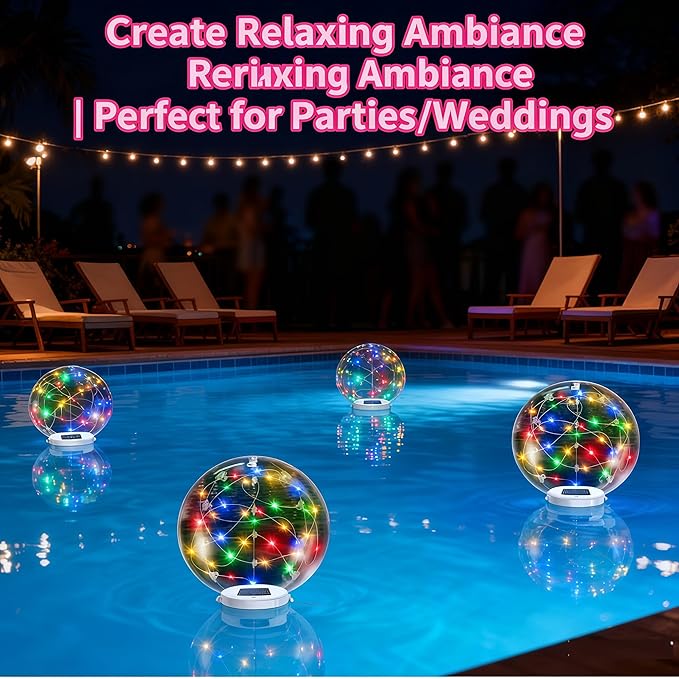 Floating Pool Lights Solar Powered - 14" Inflatable Waterproof Floating Pool Balls Light That Float for Party, Outdoor Pond/Patio Decorations (RGB, 4 Pack)