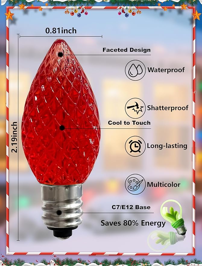 25 Pack C7 LED Christmas Light Bulbs, Dimmable Multicolor Diamond-Cut Transparent Replacement Light Bulbs, UL Listed Holiday Lights with E12 Candelabra Base for Indoor Outdoor Decorations