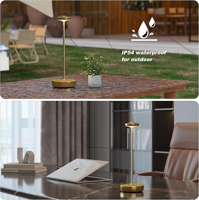 1 Pack Cordless Table Lamp Rechargeable - LED Battery Table Light with 3 Color Temperatures, Stepless Dimming, Waterproof Aluminum for Indoor Outdoor, Patio, Restaurant, Dinner (Brushed Gold)