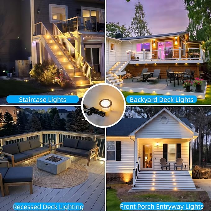 Recessed Deck Stair Lighting with Timer Photocell Sensor Transformer, Dimmable, Low Voltage LED Step Riser Lights IP67 Waterproof φ1.26 12V Warm White Patio Kit Decorations, 16 Pack