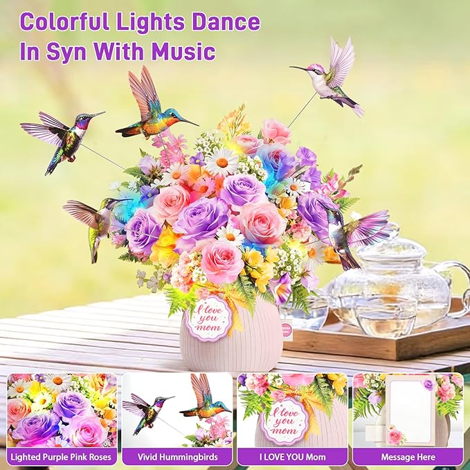 Mothers Day Card with Music & Lights, 3D Pop Up Mothers Day Gift, Hummingbird, 10 Inch Life Sized Forever Flower Bouquet Birthday Card For Mom, Women, Wife