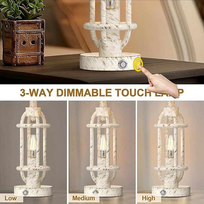 23.75'' Table Lamps Set of 2 for Living Room Bedroom Industrial Farmhouse Metal Touch Lamps with USB A+C Ports, Night Light Vintage Nightstand Bedside Lamp, Bulbs Included, White