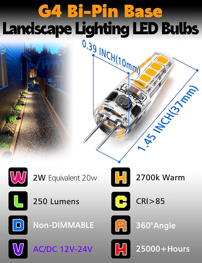 G4 LED Bulb AC DC 12V to 24V JC Type, 20W-30W T3 G4 Halogen Equivalent, 2W 2700K Warm White, G4 Bi-Pin Base, 250LM, Landscape Lighting Courtyard Lawn Lights, Non-Dimmable,10pcs