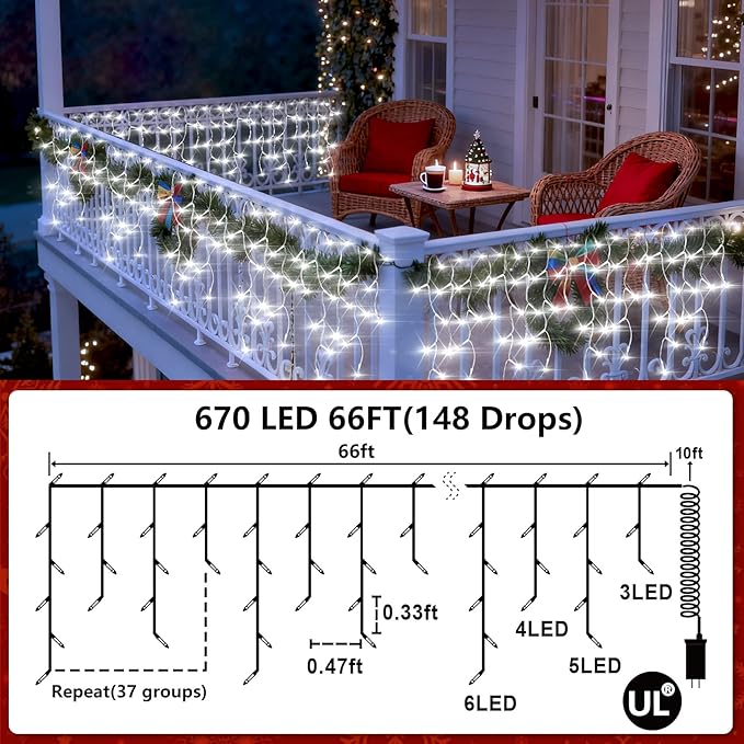 670 LED Christmas Lights Outdoor, 66ft Cool White String Lights Indoor with 148 Drops 12 Modes, Dimmable Curtain Window Lights, Waterproof Twinkle Fairy Lights with Timer for Christmas Decorations