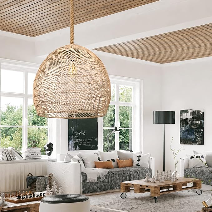 Arturesthome Natural Rattan Pendant Light for Kitchen Island, Woven Rope Lamp Shade, Hanging Ceiling Light Shade, Handmade Lampshade Chandelier D 23.6in*21.6in