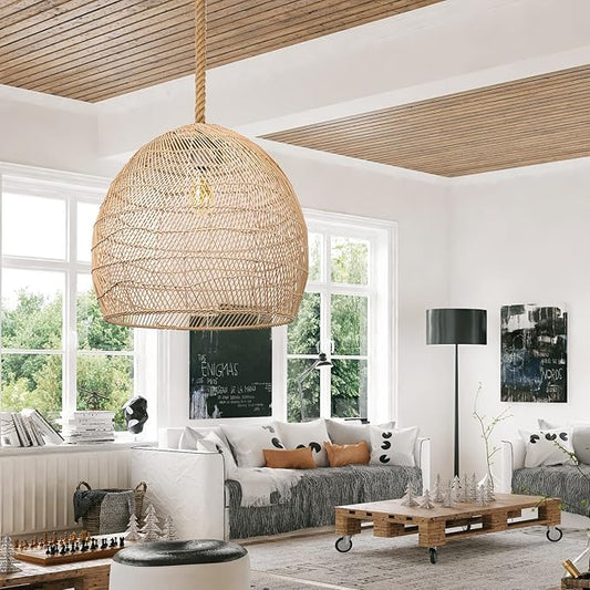 Arturesthome Natural Rattan Pendant Light for Kitchen Island, Woven Rope Lamp Shade, Hanging Ceiling Light Shade, Handmade Lampshade Chandelier D 23.6in*21.6in