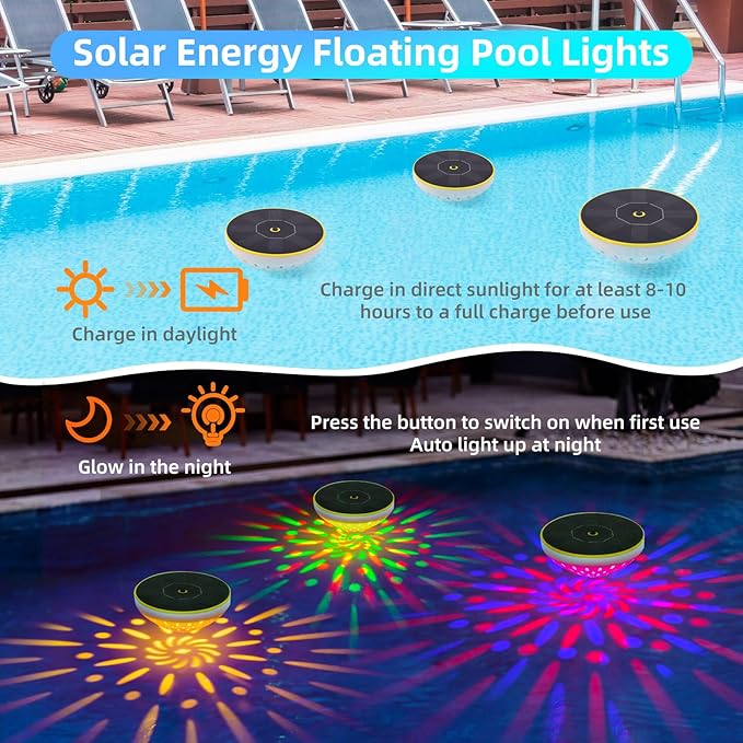 Solar Floating Pool Lights, Smart Auto ON/Off Pool Light with 6 Dynamic Lighting, IPX8 Waterproof RGB Floating Pool Solar Lights for Bathtub Garden Party (1 Pack)