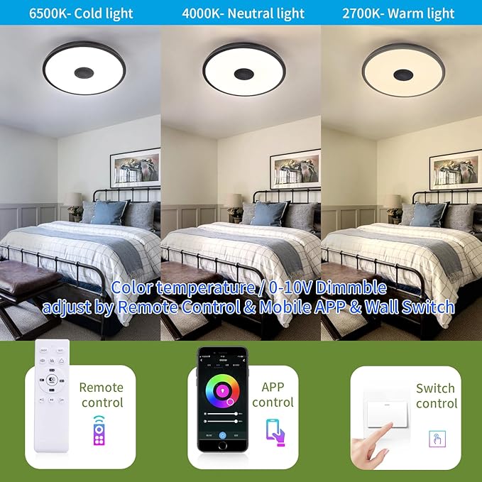 Black Smart Waterproof LED Flush Mount Ceiling Light Fixture,18W,with Bluetooth Speaker,RGB Color Changing Function-Dimmable Lamp,Tuya Application Control-Compatible with Alexa Google Home
