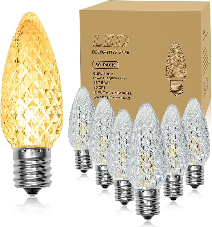 C9 LED Christmas Light Bulbs, Shatterproof & Waterproof C9 LED Replacement Bulb, 2700K Warm White Holiday Decor Bulbs for Indoor & Outdoor Use, E17 Base (Warm White 50Pack)