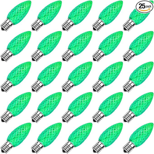 Meconard C9 Led Replacement Christmas Light Bulbs, C9 Shatterproof Led Bulbs for Christmas Indoor Outdoor String Lights, E17 Intermediate Base, Commercial Grade Holiday Bulbs, Green, 25Pack