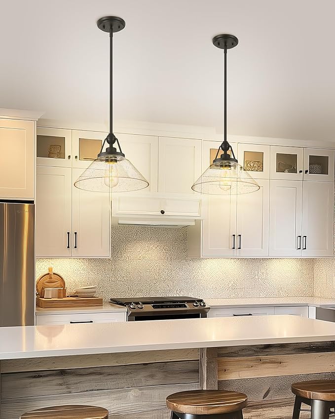 Black Pendant Light, HWH Hanging Light Fixtures for Dining Room, Bedroom, Glass Pendant Light for Kitchen Island with Seeded Glass, 5HYS89MIL-G1 BK