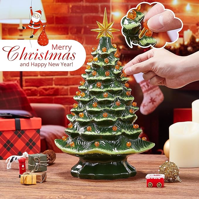 Boao 100 Pcs Ceramic Christmas Tree Bulbs with 5 Pcs Star Topper Light Ornaments Round and Heptagram Christmas Replacement Lights Bulbs for Village Xmas Tree Topper Decorations(Orange)