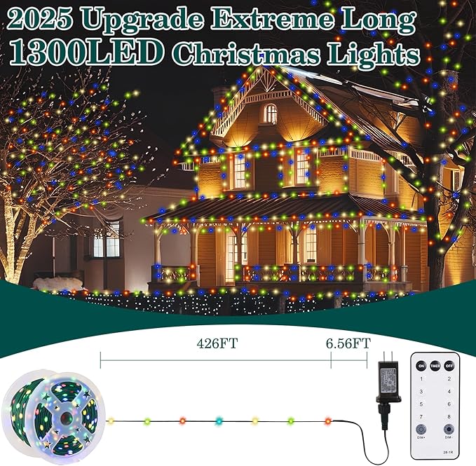 HYH Christmas Lights 1300 LED 426FT Outdoor Waterproof Christmas String Lights Connectable Fairy Tree Xmas Long Light Decorations with Remote Plug in for Indoor Party Yard Garden-Multicolored