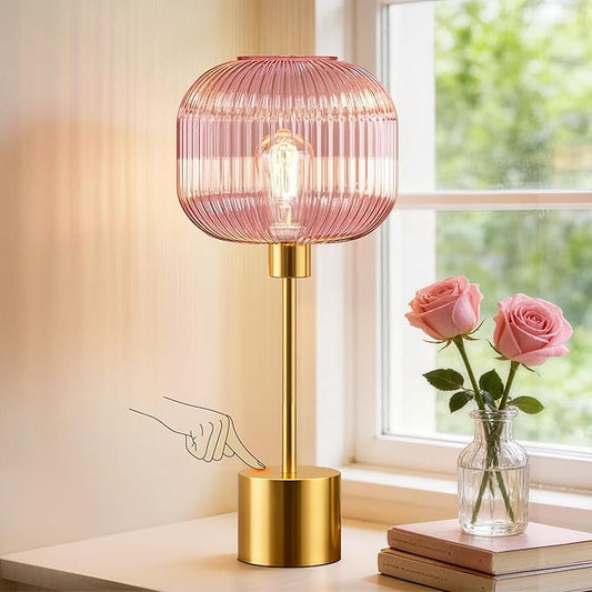 QiMH Glass Table Lamp for Living Room, Modern Bedside Lamp with Pink Ribbed Glass Shade, 3-Way Dimmable Touch Control Nightstand Lamp for Bedroom, Brushed Gold (2700K LED Bulb Included)