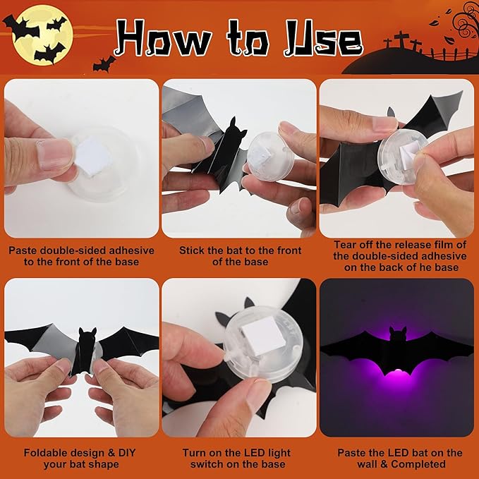DR.DUDU 36 Pack Halloween Bats Wall Decor – Lighted 3D Bat Stickers Assorted Size for Halloween Party, Bedroom Window Decorations, Indoor and Outdoor Home Decals