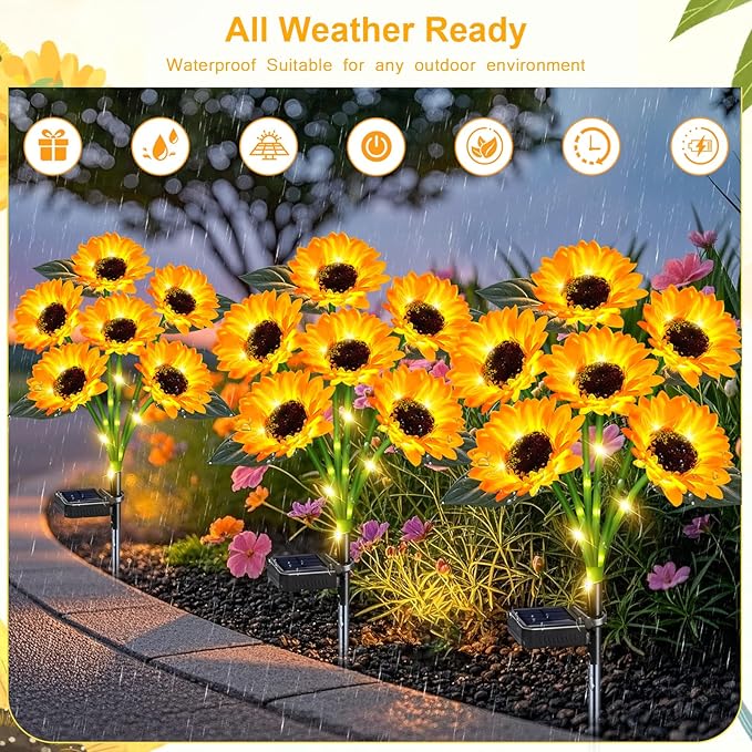 Solar Outdoor Lights Garden Decor, 3 Pack Solar Sunflower Lights, 18 Waterproof Garden Decor Flower for Outside Yard Patio,Flower Bed, Pathway, Gift for Women, Mom, Grandma