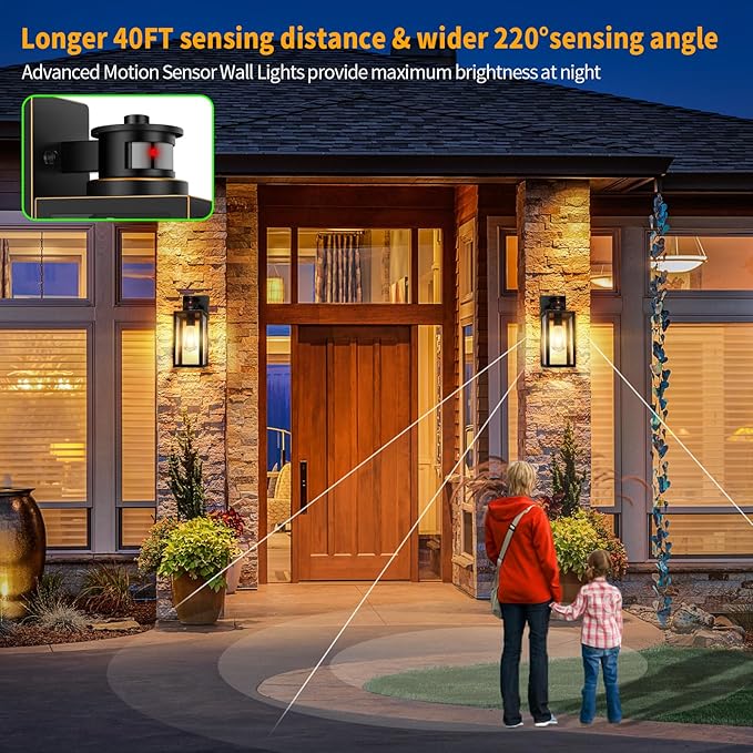 2-Pack Motion Sensor Outdoor Wall Lights, Waterproof Dusk to Dawn Exterior Wall Light Fixtures, Oil Rubbed Bronze Outside Porch Lights for House Garage, Motion Sensor Wall Lanterns with Clear Glass