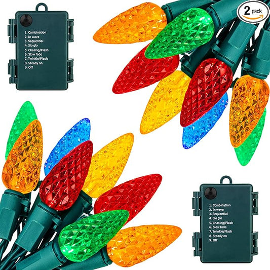 Brightown C6 LED Christmas String Lights - 2 Pack 20ft 60LED Battery Operated Strawberry String Lights with Timer and 8 Light Modes for Christmas Trees, Wreaths, Indoor Outdoor Xmas Decor, Multicolor