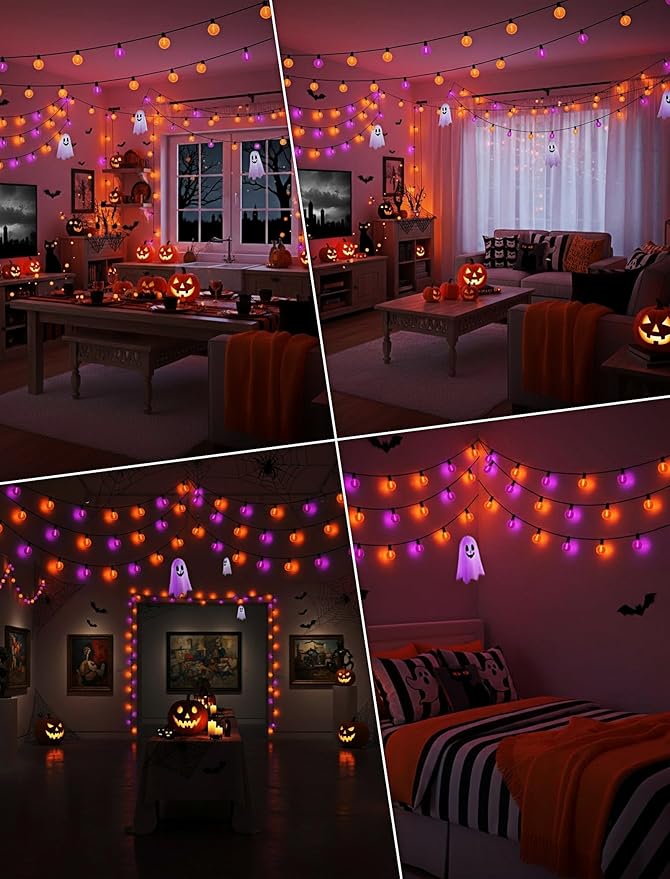 Purple and Orange Halloween Lights,25FT 27 LED G40 Globe String Lights,Waterproof Halloween Decorations for Outdoor Indoor Haunted Patio Home Party Garden Yard Decor