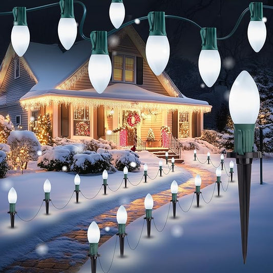 Brightown Frosted C9 LED Christmas Lights Outdoor, 2 Packs Total 51.4Ft Pathway Lights with 40 LED Bulbs and Stakes, Christmas Decorations Outside Driveway Walkway Sidewalk, Pure White
