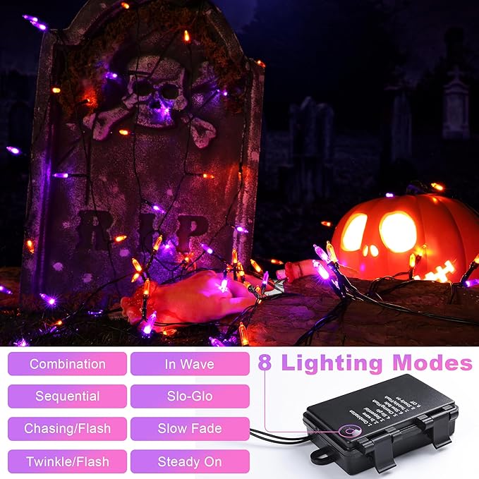 Lomotech Battery Operated Halloween Lights - 2 Pack Total 33ft 100 LED Orange Purple Battery Lights 8 Modes Waterproof with Timer for Home, Garden, Party, Holiday, Tree Decoration (Black Wire)