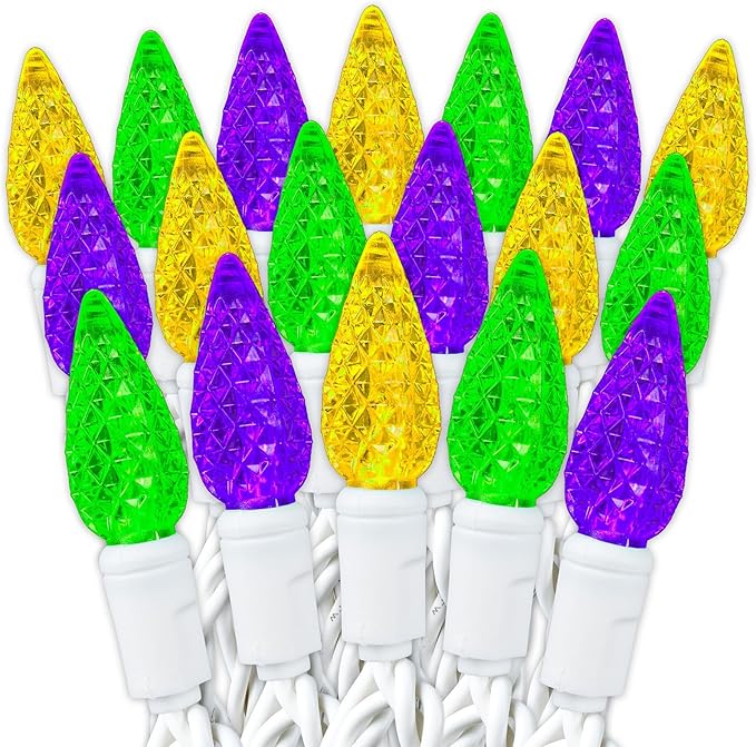 70 Light 24Ft Mardi Gras Lights Commercial String Lights C6 LED Strawberry Faceted Bulb – Yellow/Purple/Green, White Wire, Indoor/Outdoor, Full Wave No Flicker, Connect 43 Sets