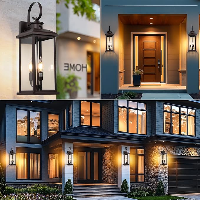 24" Dusk to Dawn Outdoor Wall Sconce: Bronze Large Porch Light 3-Light Waterproof Modern Exterior Lighting Fixture Wall Mounted, Outside Lamp for House Garage E12