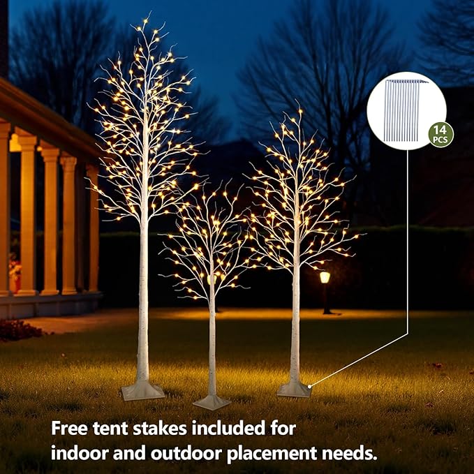 LED Birch Tree Set of 3,4ft 6ft 8ft White Christmas Tree Lights for Indoor,Prelit Artificial Tree with Warm Lights for Porch, Party,Thanksgiving Decor