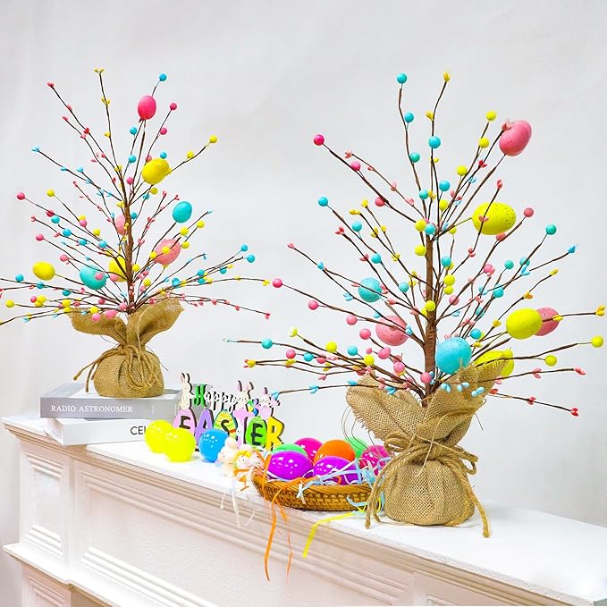 2 Pack & Timer - Easter Decorations, Easter Tree Tabletop with 20 Warm White Lights Battery Operated 19 Inch 8 Large Colorful Eggs 72 Colorful Berries Artificial Tree Easter Decor Spring Home Party