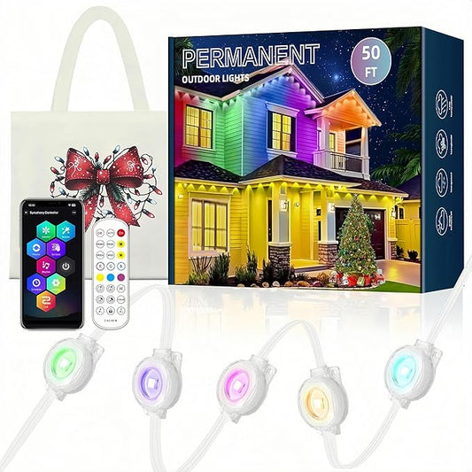 Permanent Outdoor Lights 150ft, RGBWC+IC Smart LED Strip with 50+ Scene Modes, IP68 Waterproof, App & Remote Control for Christmas, Holiday, Roof, and Pool Party Decor (50FT-30LEDS)