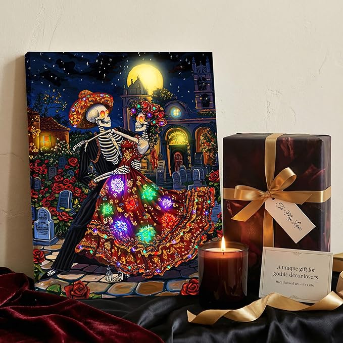 Artiluxy Ghost Bride Skeleton Couple Dance LED Wall Art - 16x20 Inch Day of the Dead Decor with RGB Color Changing Lights & Auto Timer, Vertical Hanging Gifts for Halloween