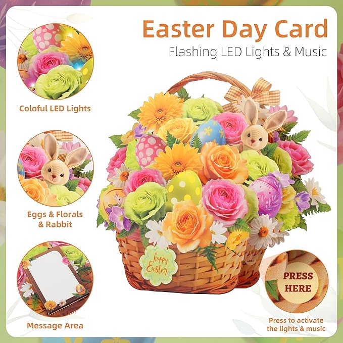 Tcamp Easter Cards with Envelope, Pop Up Easter Cards with Music and Lights, Easter Eggs Bunny Flower Basket Easter Card for Kids Adults Women Mom Daughter Sister Girls