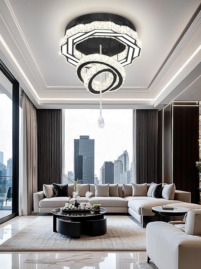 Flashing God Dia 20" Modern Chandeliers for Dining Room Black Flush Mount Ceiling Chandeliers LED Dimmable Pendant Lighting Crystal Ceiling Light Fixture for Living Room Bedroom Hallway 2700K-6000K