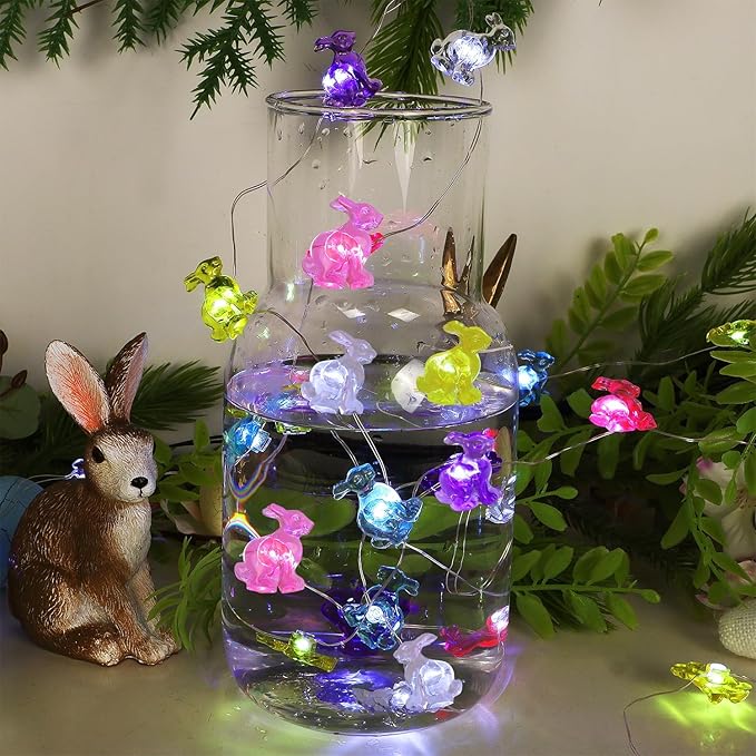 WATERGLIDE 1 Pack Easter Decorative Lights, 16FT 50LED Colorful Bunny String Fairy Lights, Battery Operated Rabbit Shaped Lights, 8 Modes & Timer, Waterproof Indoor Outdoor for Easter Party Home