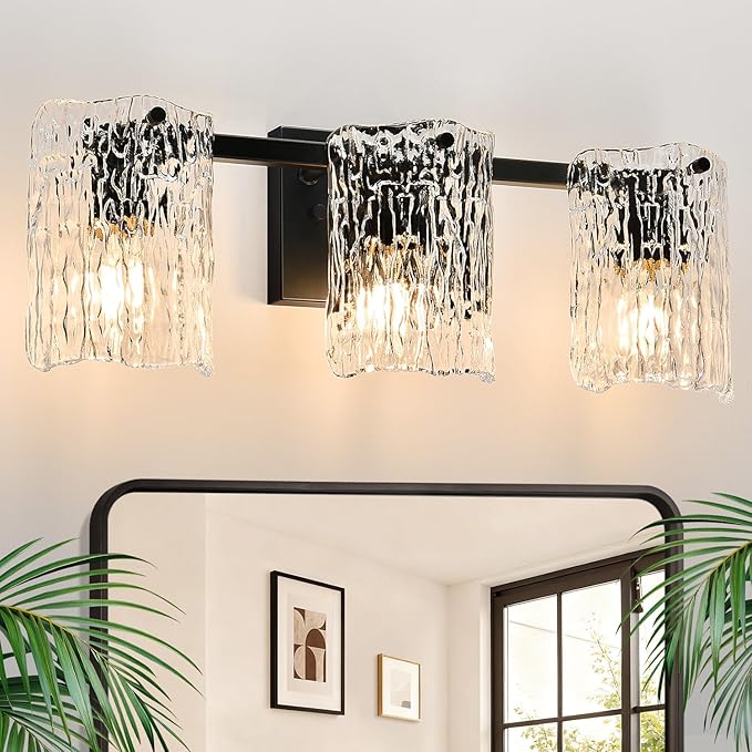 Bathroom Light Fixtures, 3-Light Vanity Lights with Water Ripple Glass Shade, Modern Black Bathroom Lights, Vanity Wall Lamp for Mirror (19.5in)