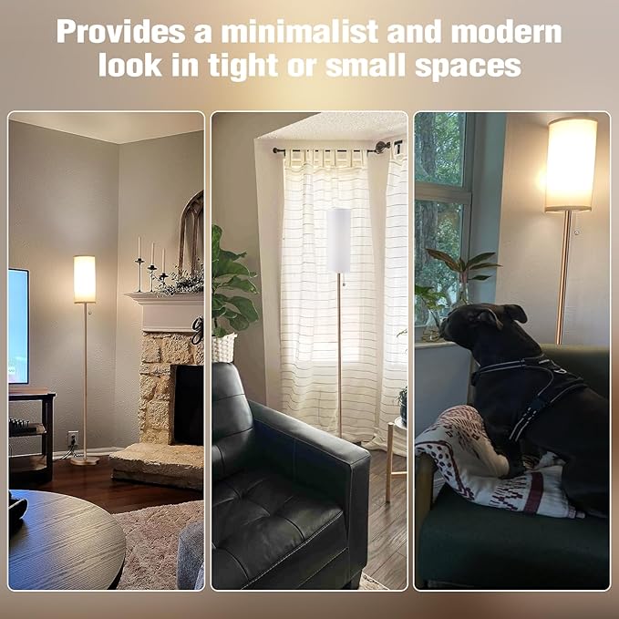 Ambimall Floor Lamp with 3 Color Temperatures Bulb, 64" Standing lamp with Linen lampshade for Bedroom, Minimalist Pole Lamp, White Shade & Brown Pole