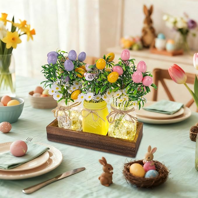 DR.DUDU Easter Decorations for Home, Easter Table Centerpiece with Egg Picks in Glass Vases, Wood Tray & Led Lights with Timer, Spring Decor for Home, Set of 3