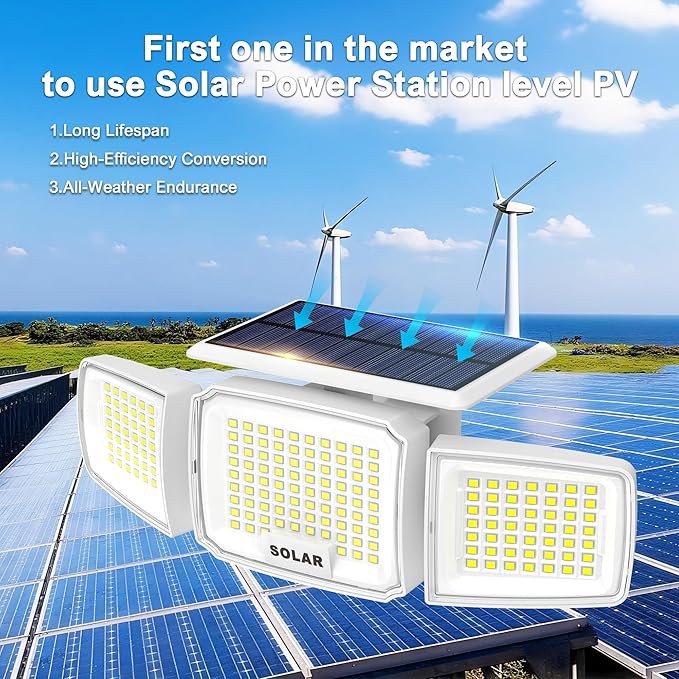 White Solar Security Light Outdoor Super Bright LED, Motion Sensor Flood Light, 3 Heads 270° Wide Angle, Remote Control, IP65 Waterproof, 3 Modes (6 Packs)