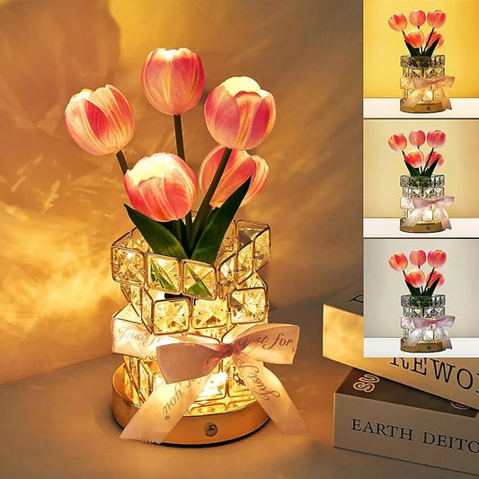 Tulips Flower Lamp,Rechargeable Cordless Touch Table Lamp for Bedroom,3-Colour Dimming Small Night Light,Crystal Bedside Lamps with USB Charge,Birthday Valentine's Day Gifts for Women,Mom,Wife