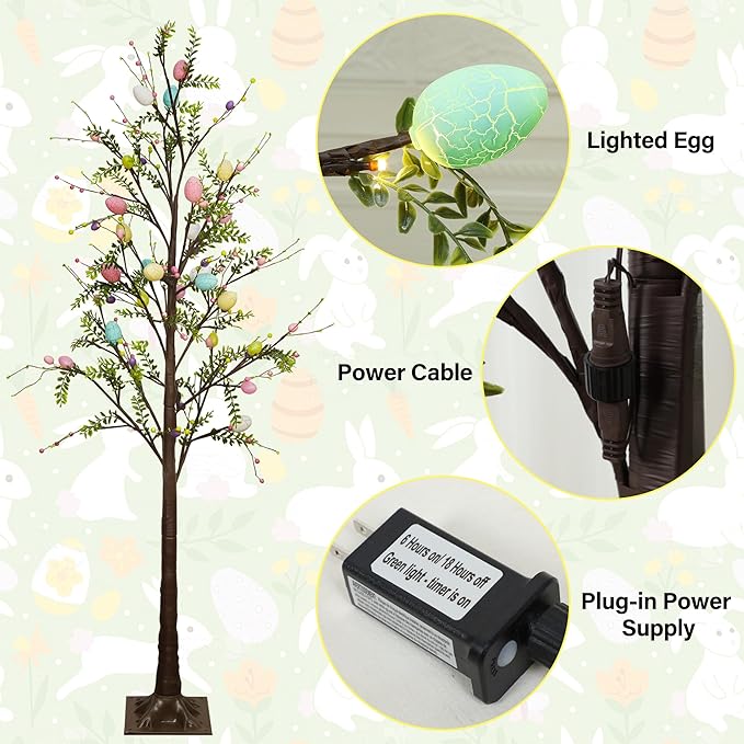 DR.DUDU 6FT Lighted Easter Tree with Timer, Large Easter Decorations for Home & Outdoor Porch, Pre-Lit Egg Trees with LED Lights & Colorful Eggs for Spring Party Office Decor