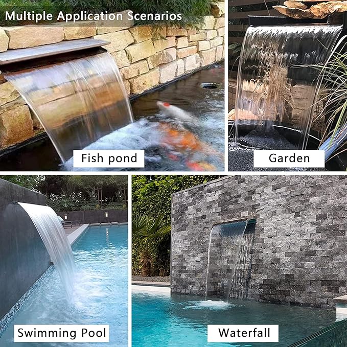 12'' APP Control Pool Waterfall with RGB LED Lights, Stainless Steel Pond Fountain Set for Outdoor Decorations, Patio Waterfall Spillway Kit w/16 Color Changing, Easy Install