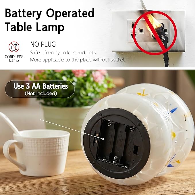 Cordless Mushroom Lamp-Modern Small Battery Operated Table Lamp with Timer for Home Decor,Aesthetic Glass Battery Powered Lamp for Bedroom/Kitchen/Living Room/Shelf Decor(White&Blue)