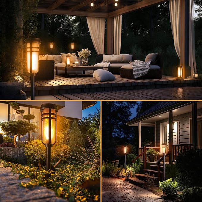 FoxFlame Metal Solar Torch Lights-Adjustable Height (24"-50"), Outdoor Garden Decor with Patented LED, Waterproof Solar Tiki Torches for Yard,Patio,Garden Pathway,Matte Black–2 Pack