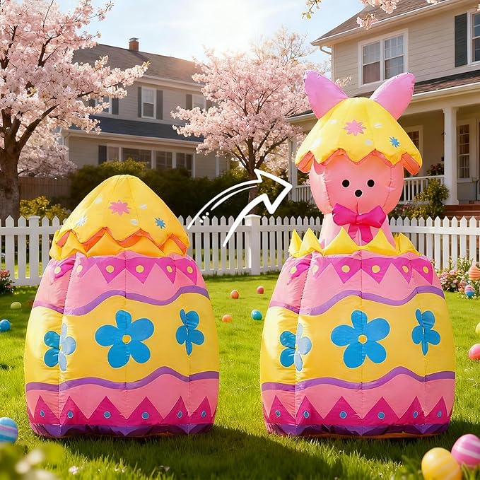 Domkom Up & Down 5.3FT Tall Easter Inflatable Bunny Outdoor Decorations, Build-in LED Lights Holiday Blow Up Yard Decoration, for Easter&Spring, Outdoor,Garden, Yard Lawn Décor