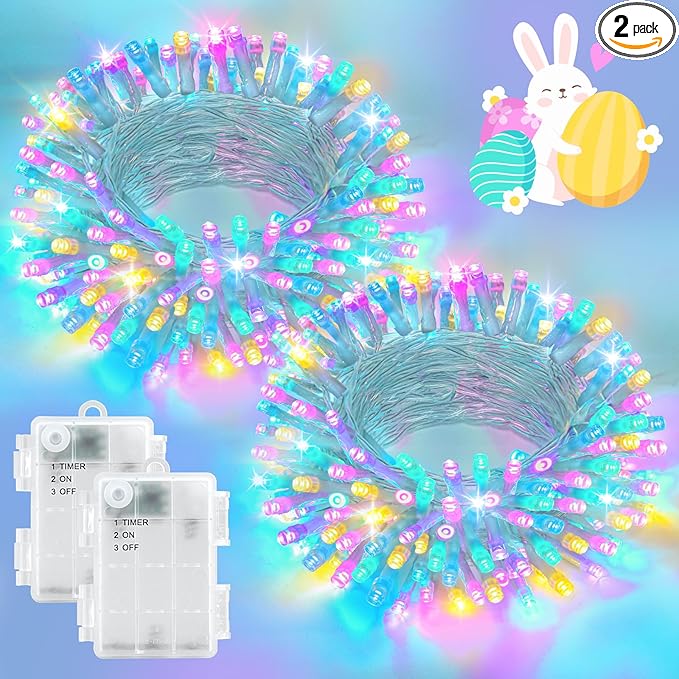 Pastel Easter Lights String Battery Operated Total 100LED 33ft for Easter Decorations for Home Outdoor Indoor Waterproof with Timer for Party Decorations, Multicolor