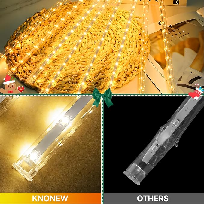 KNONEW Christmas Lights Outdoor, 15 inch 24 Tubes 672 LED Meteor Shower Lights Plug in Waterproof Falling Rain Light for Xmas Tree Wedding Party Garden Holiday Rooftop Decorations (Warm White)