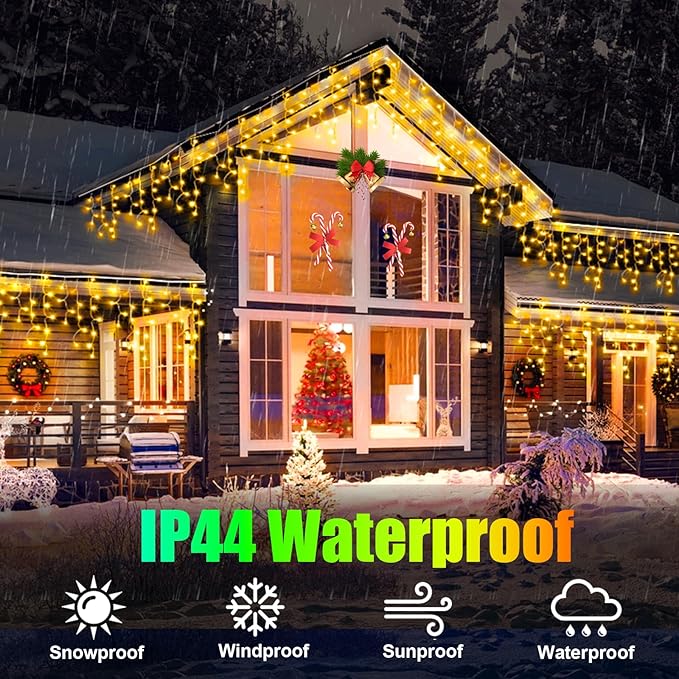 Christmas Lights Outdoor, 98FT 900LED Ice Lights for Outside, Ice String Lights with 8 Modes, Waterproof Timer Memory Hanging Light for Eaves Party Yard Garden(Warm White)